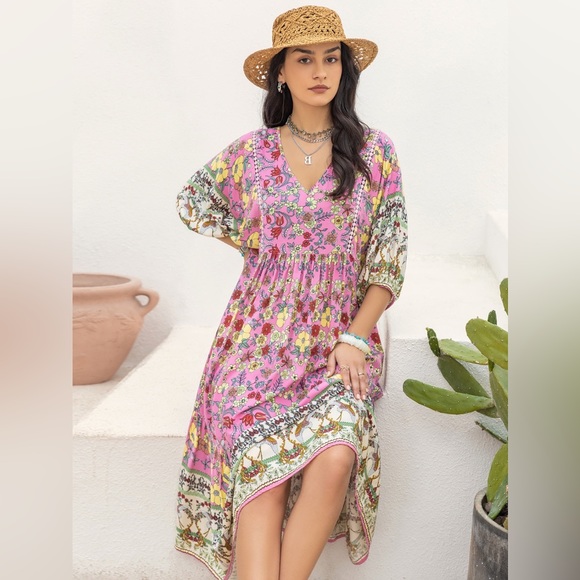 Carnation Pink Printed V-Neck Balloon Sleeve Dress - Picture 6 of 7